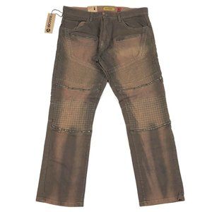 Makobi Men 34x32 Brown Acid Wash Ribbed Moto Jeans